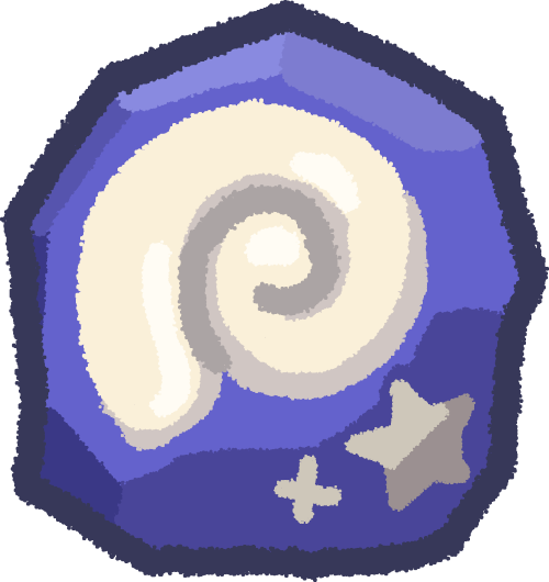 a purple colored rock with a off-white shell spiral in the middle and two star shapes next to it in the rock